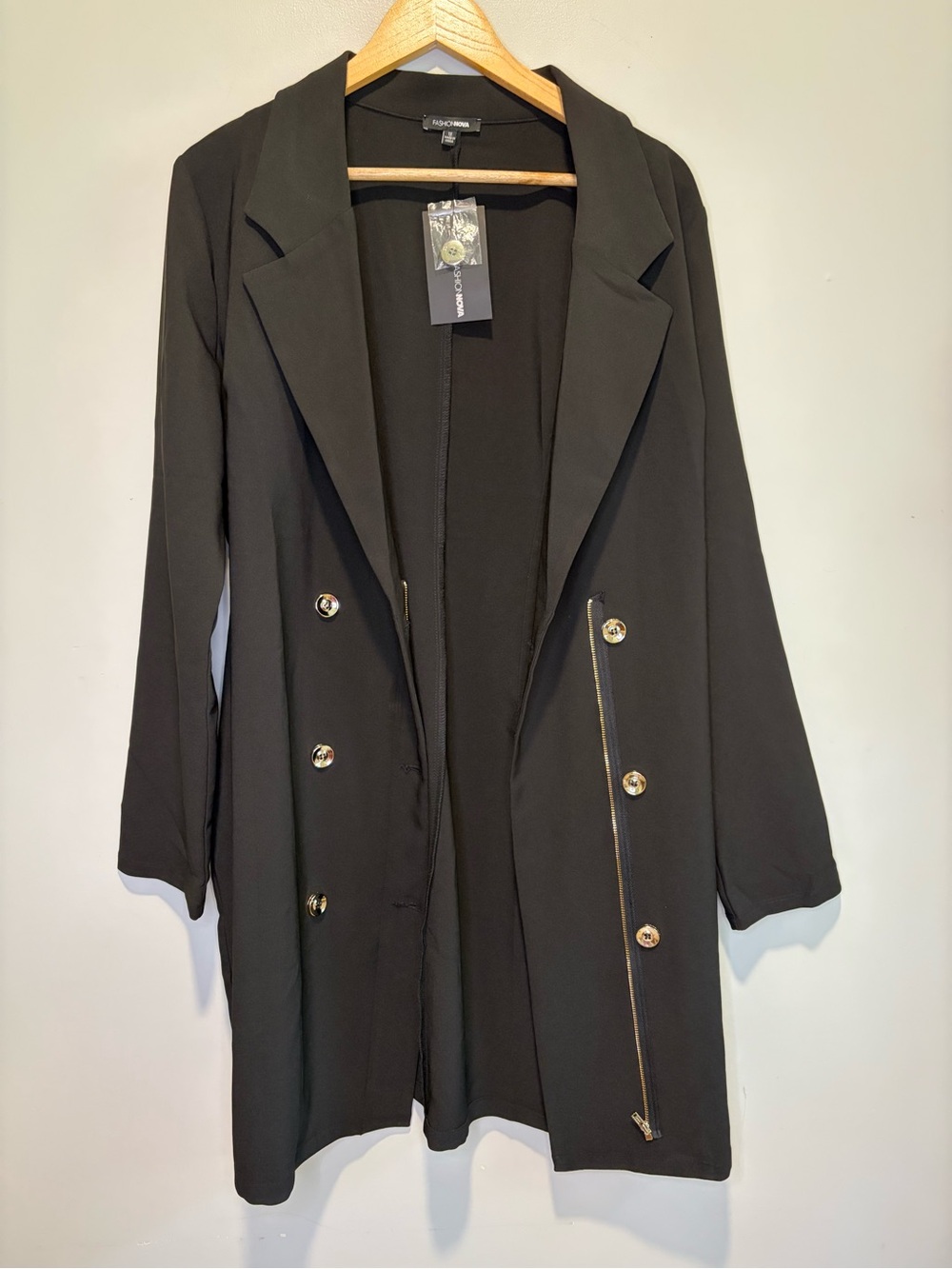 NWT Fashion Nova Black Long Double-Breasted Blazer with Gold Buttons